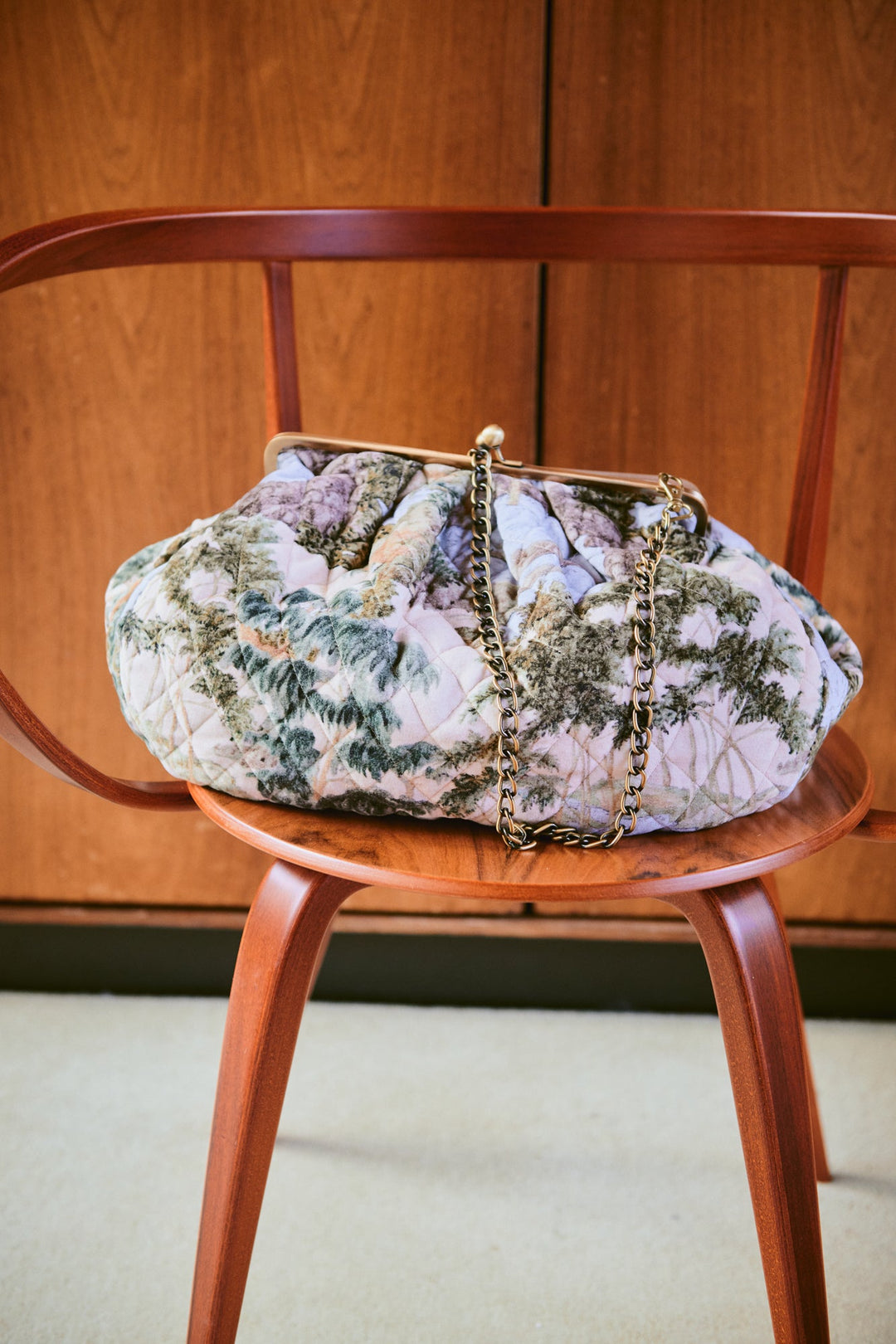 Rivers and Trees Natural Quilted Velvet Kiss Lock Bag - One Hundred Stars
