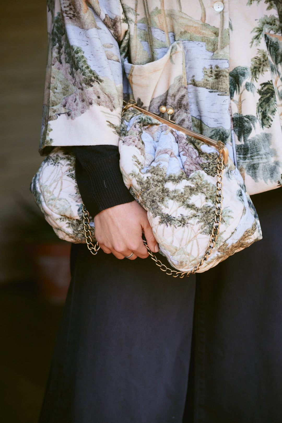 Rivers and Trees Natural Quilted Velvet Kiss Lock Bag - One Hundred Stars