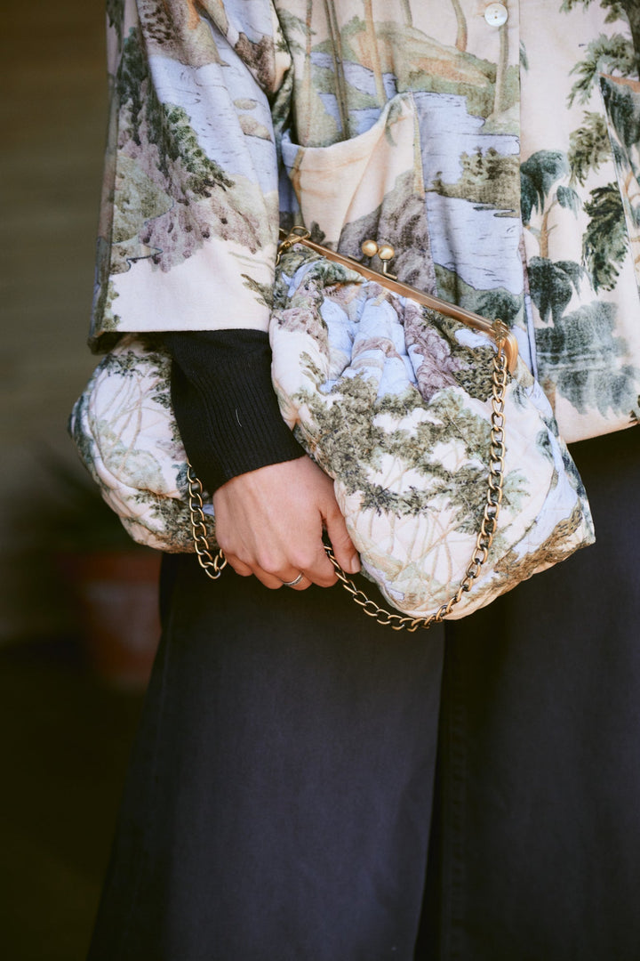 Rivers and Trees Natural Quilted Velvet Kiss Lock Bag - One Hundred Stars