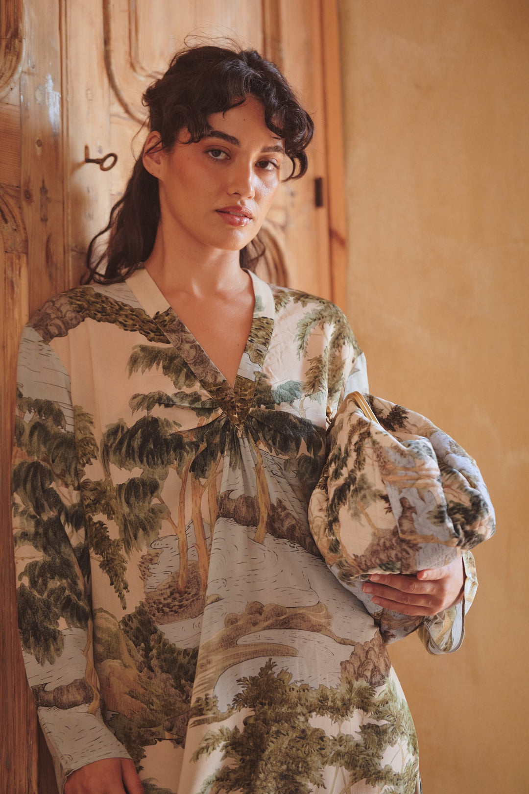 Rivers and Trees Natural Quilted Velvet Kiss Lock Bag - One Hundred Stars