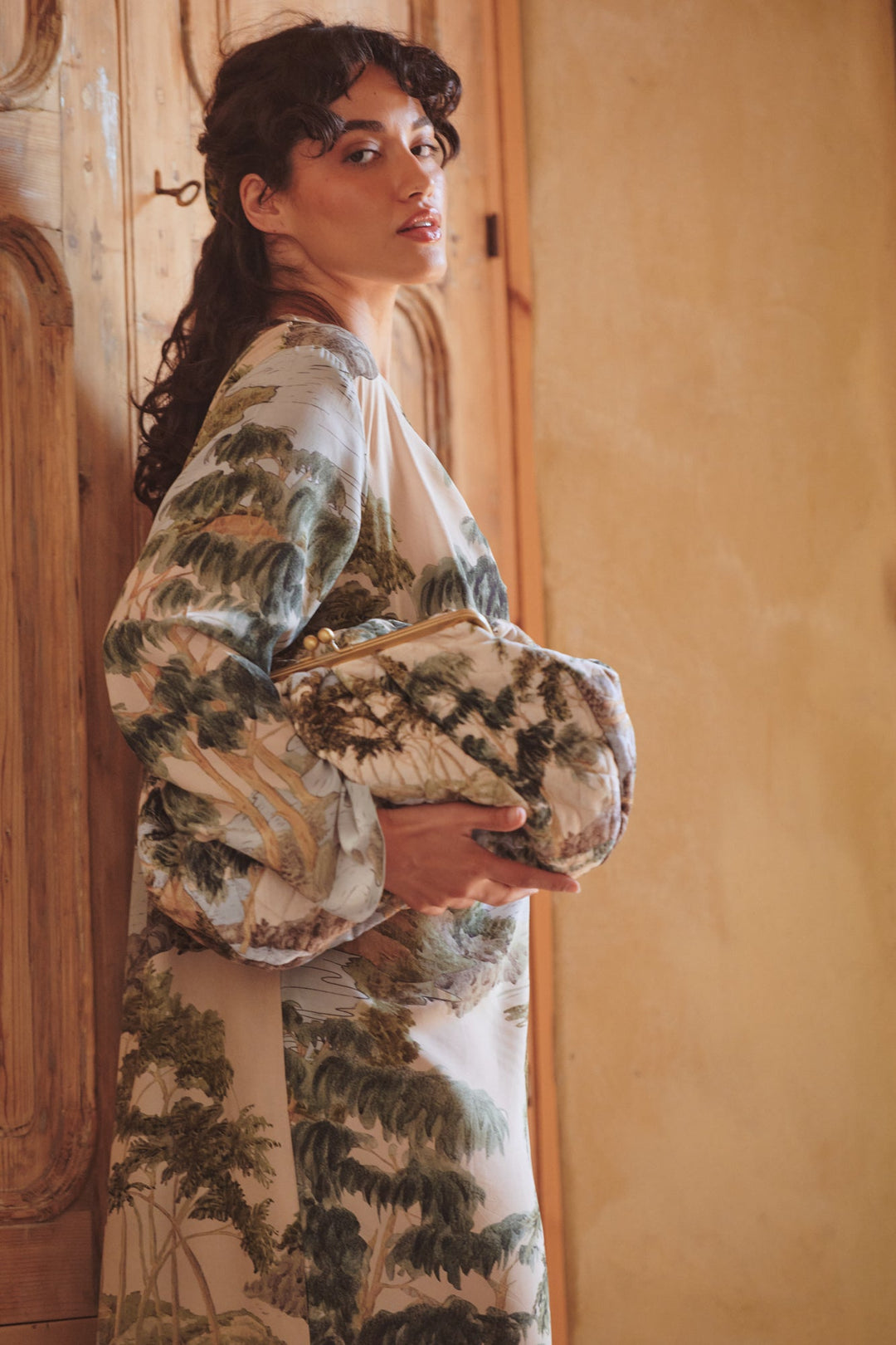 Rivers and Trees Natural Quilted Velvet Kiss Lock Bag - One Hundred Stars