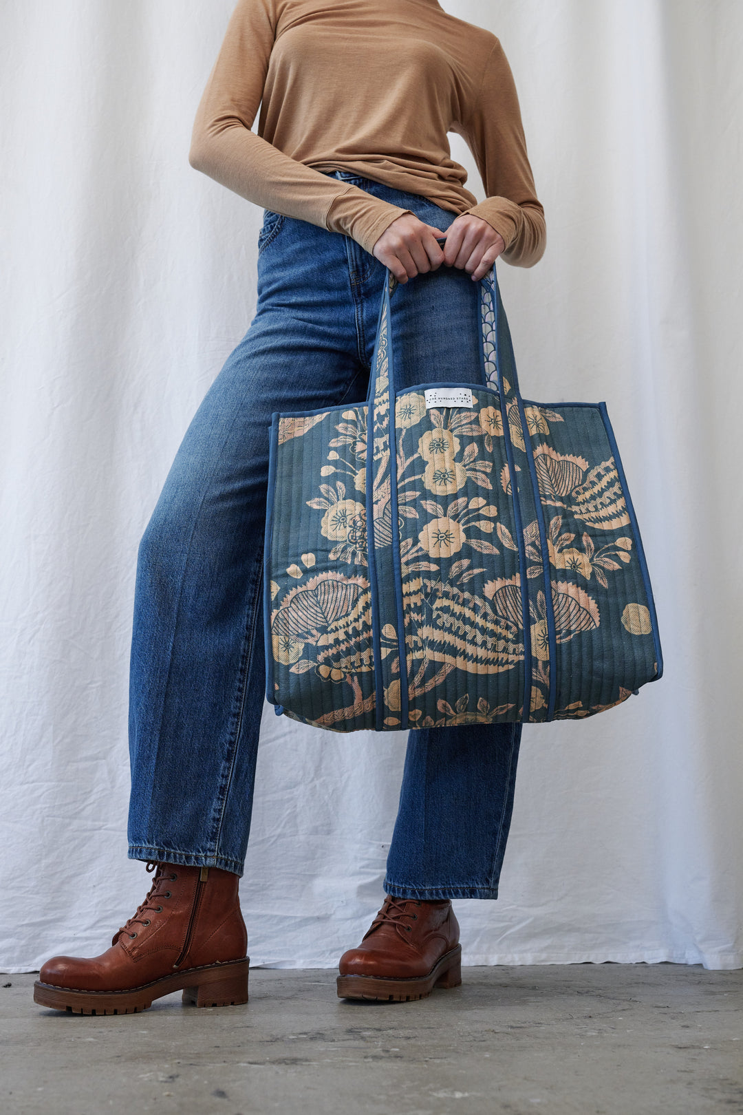 Rosa Blue Canvas Quilted Tote Bag - One Hundred Stars