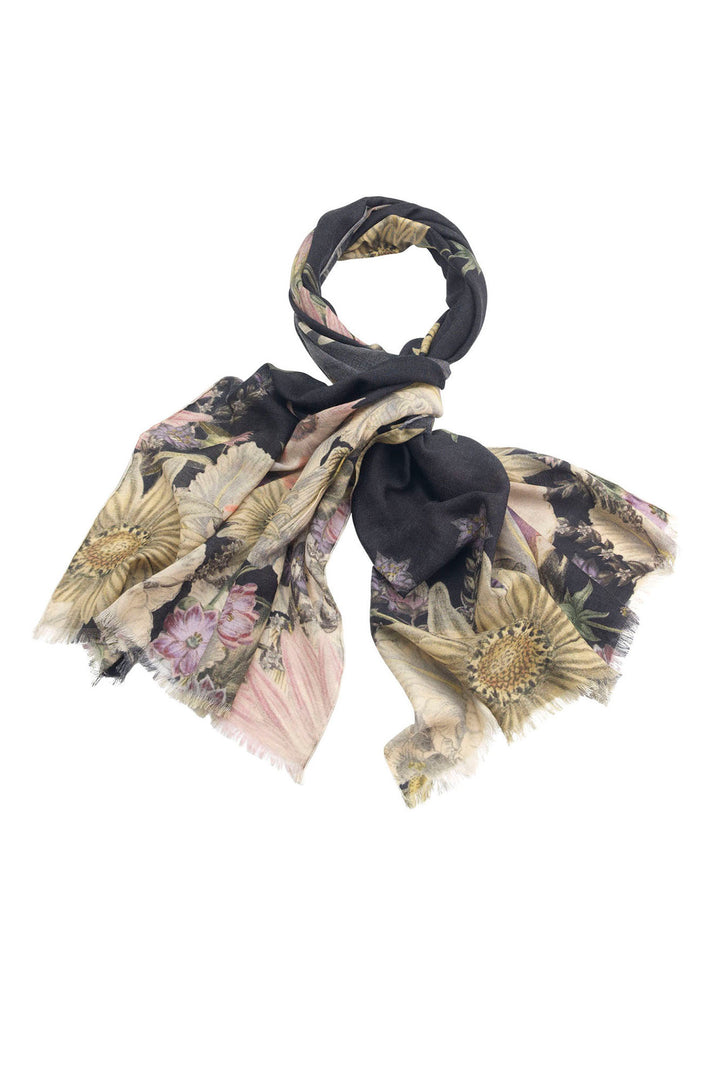 ladies winter scarf 100% wool with a floral daisy print on a black background by One Hundred Stars
