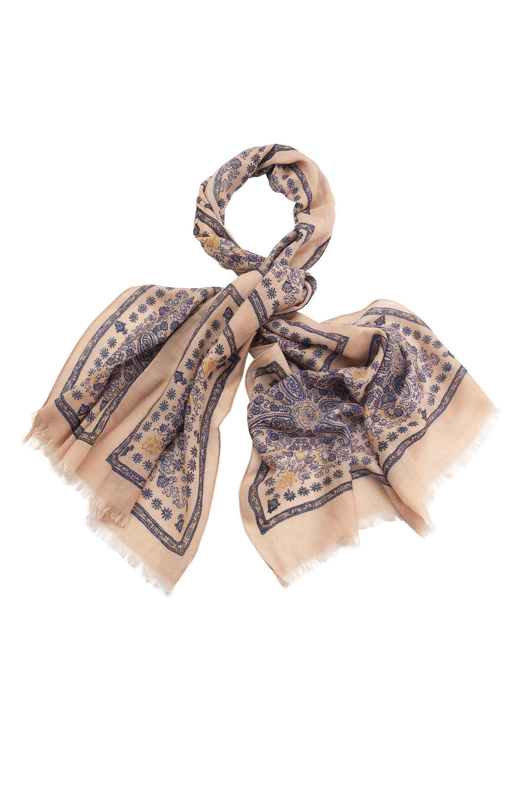 wool winter large ladies scarf with mehndi blue print on a light brown background by One Hundred Stars