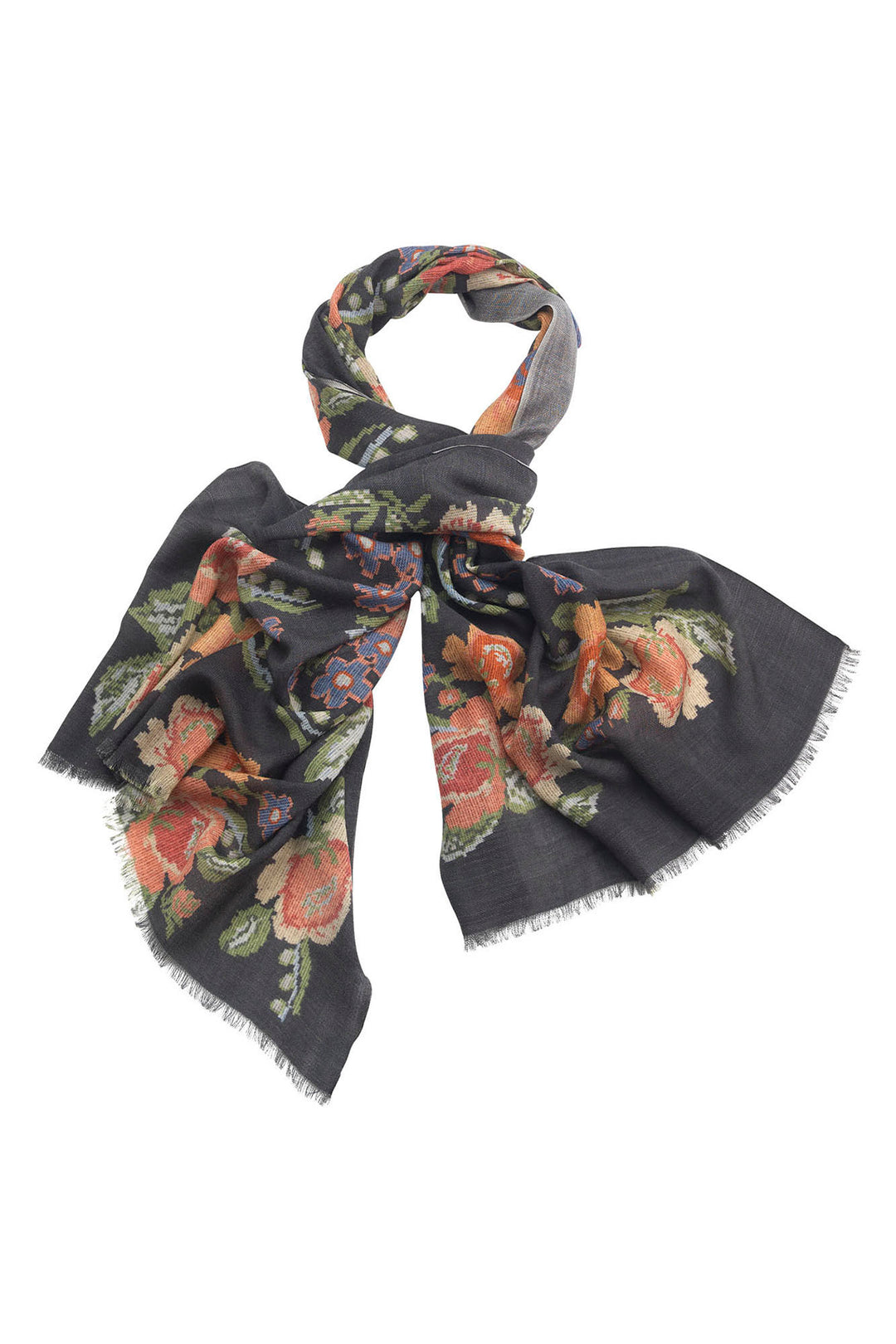 wool scarf ladies in woven flower print featuring colourful flowers on a black background by One Hundred Stars