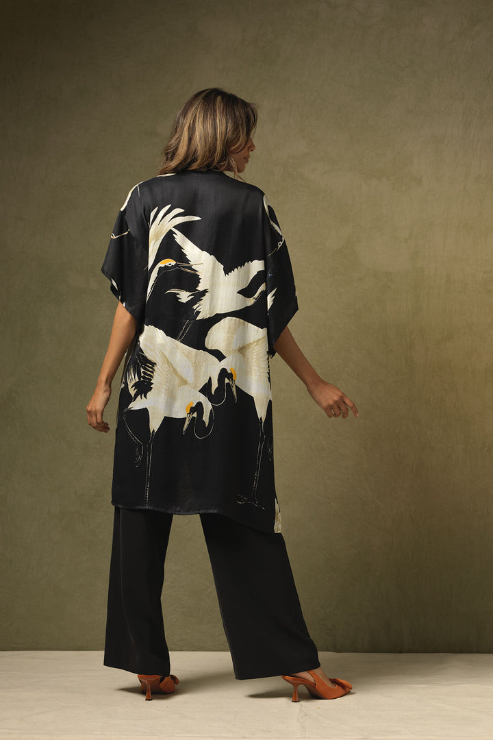 satin midi ladies kimono short sleeve black background with stork bird print by One Hundred Stars