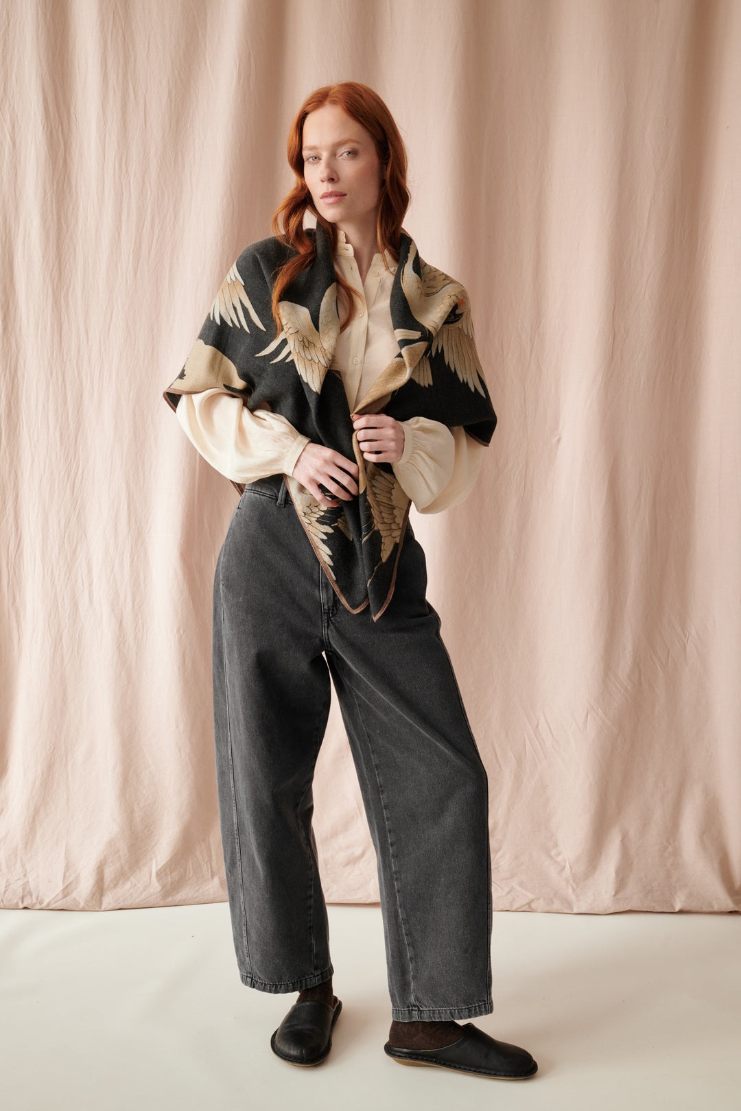 Stork Black Wool/Silk Square Scarf - One Hundred Stars
