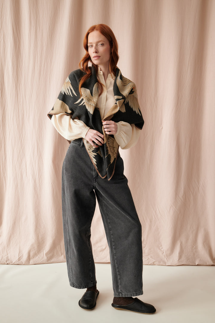 Stork Black Wool/Silk Square Scarf - One Hundred Stars