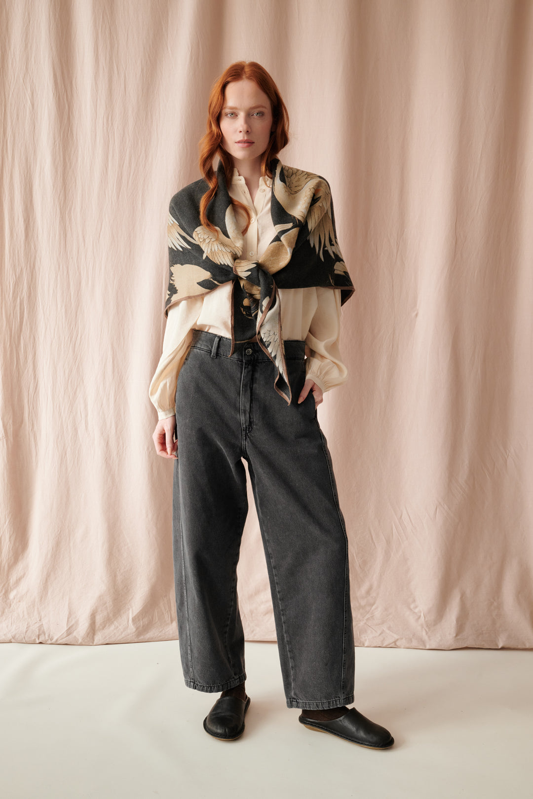 Stork Black Wool/Silk Square Scarf - One Hundred Stars