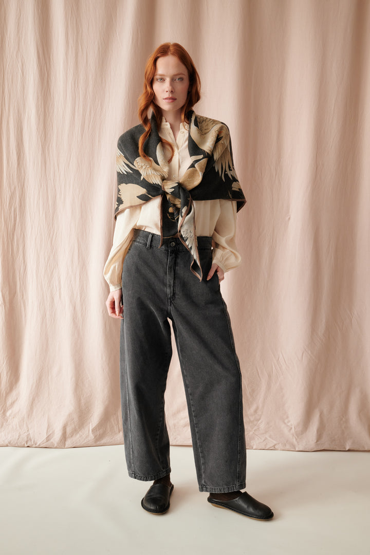 Stork Black Wool/Silk Square Scarf - One Hundred Stars