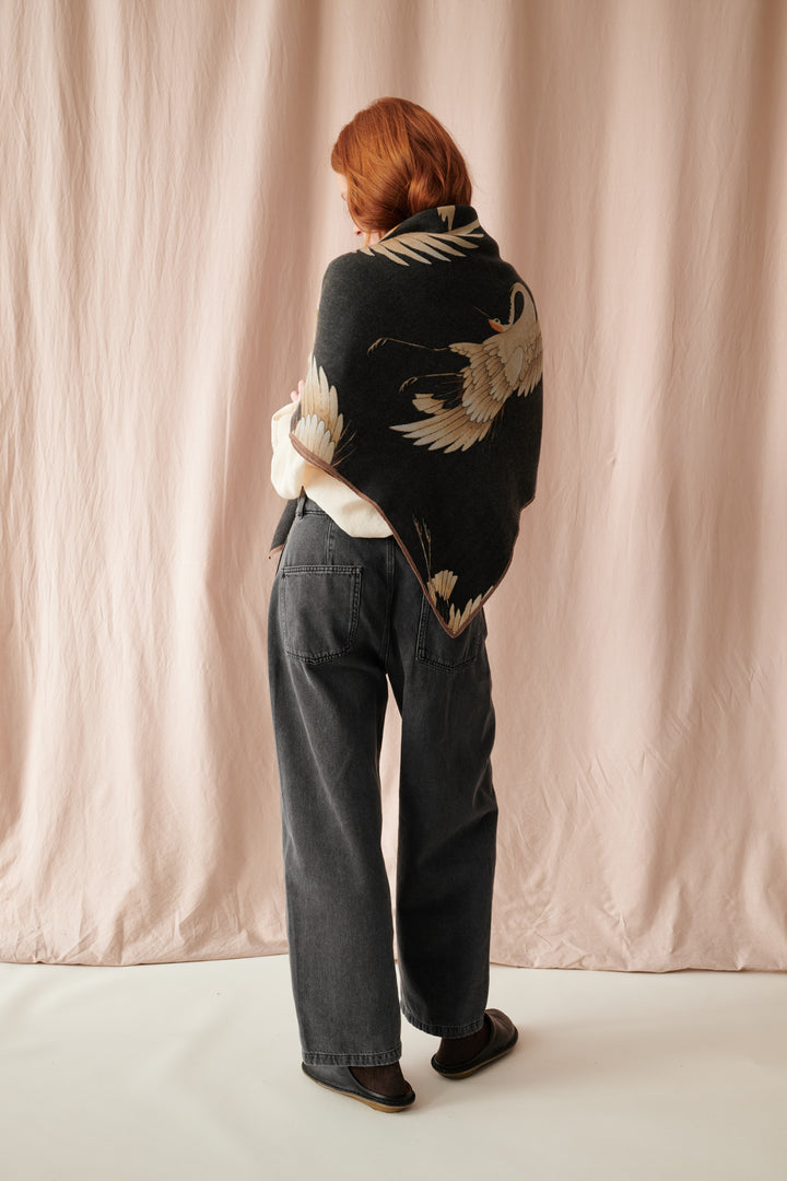 Stork Black Wool/Silk Square Scarf - One Hundred Stars