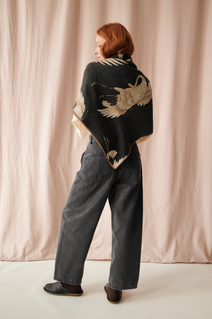 Stork Black Wool/Silk Square Scarf - One Hundred Stars