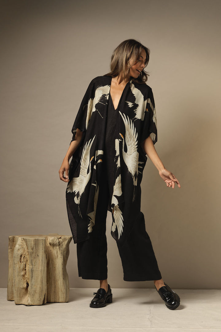 winter wool throwover kaftan shawl ladies black background with stork bird print by One Hundred Stars