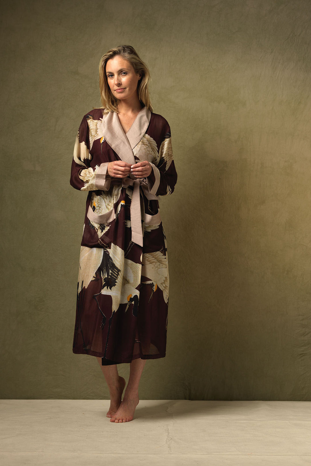ladies long length dressing gown  burgundy background with stork bird print by One Hundred Stars