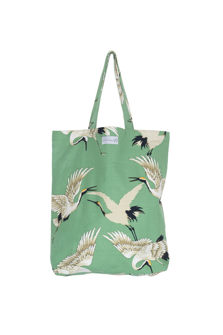 Women's accessories, gifts for her. Canvas tote bag sustainable shopping bag or beach bag in pea green and white stork print by One Hundred Stars