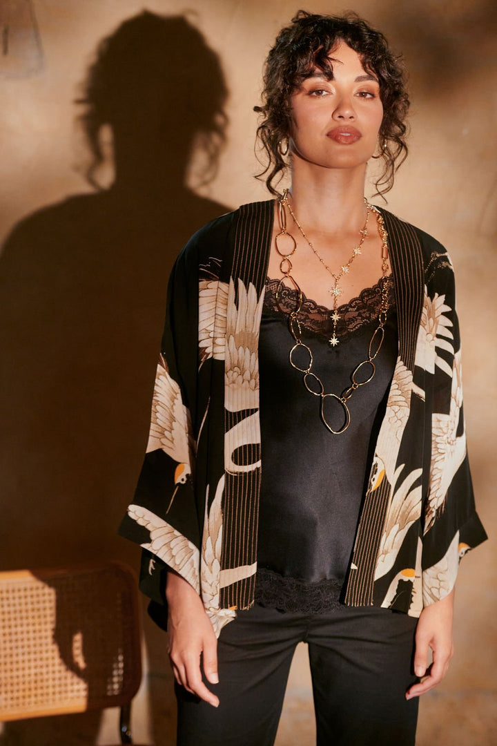 Stork Black Crepe Kimono - One Hundred Stars