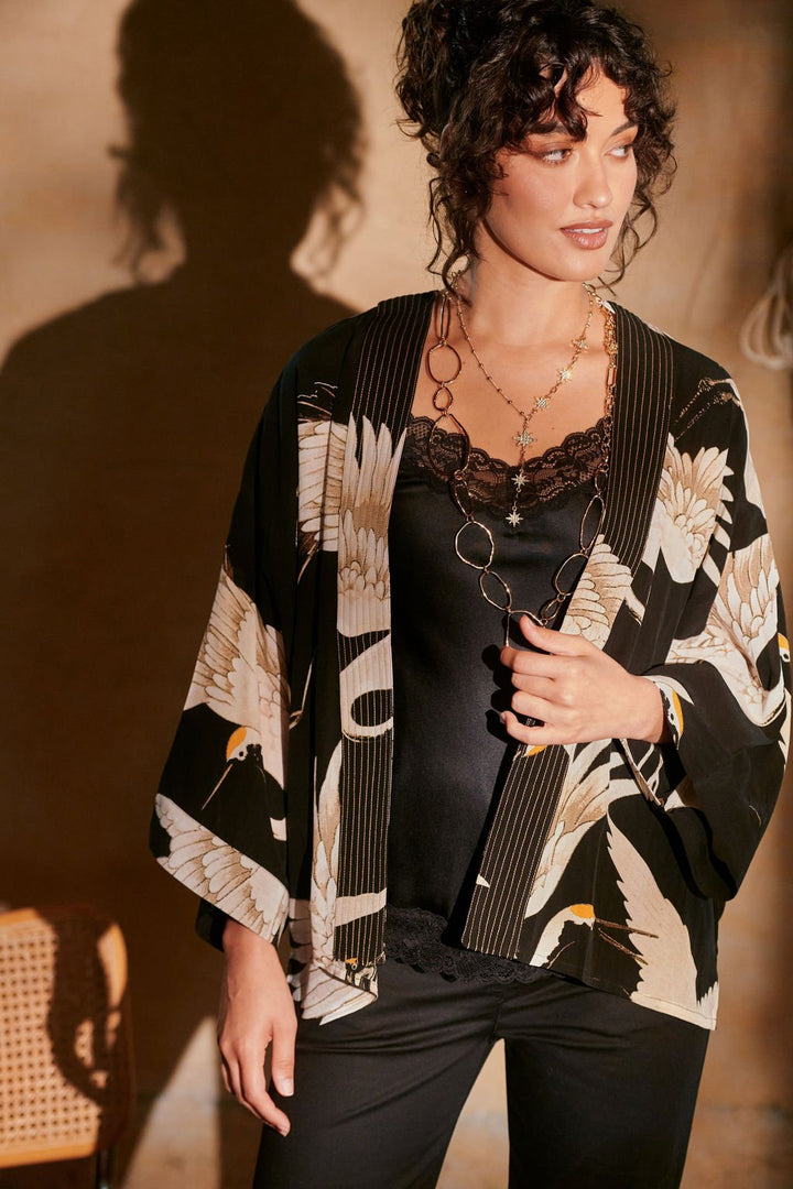 Stork Black Crepe Kimono - One Hundred Stars