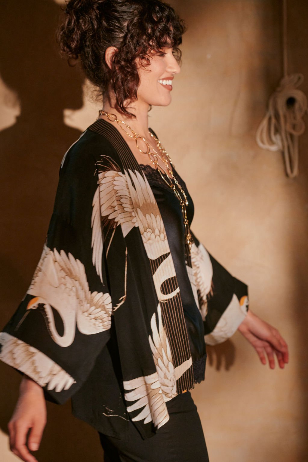 Stork Black Crepe Kimono - One Hundred Stars