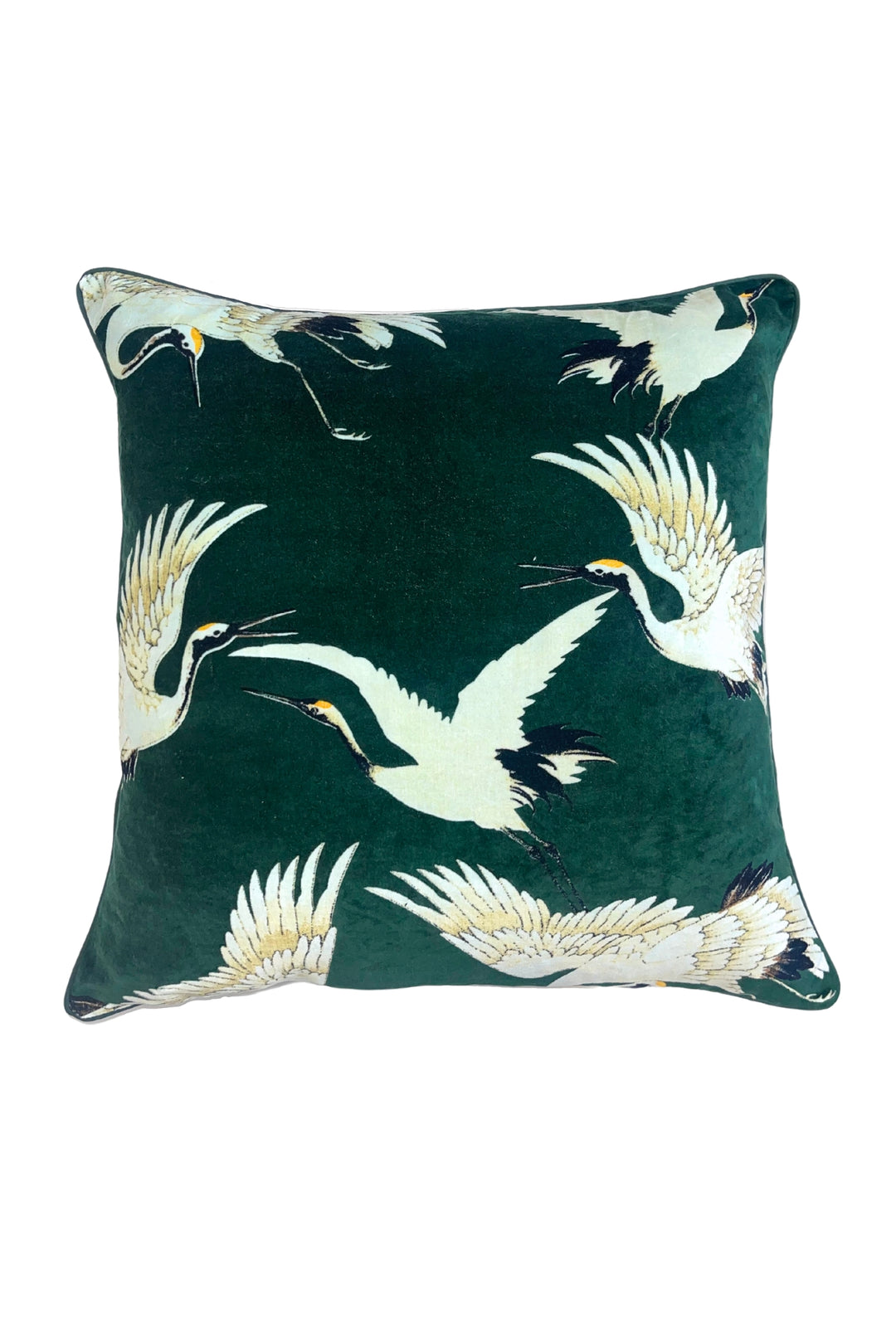 Forest green stork print velvet cushion by One Hundred Stars