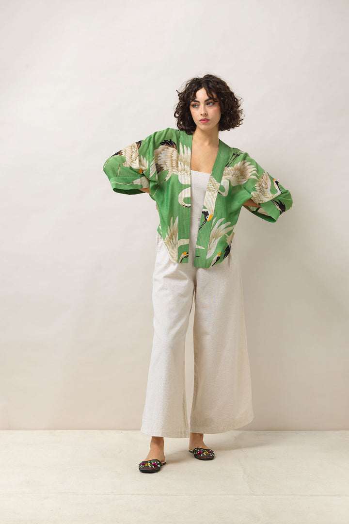 Women's short kimono in pea green and white stork print by One Hundred Stars