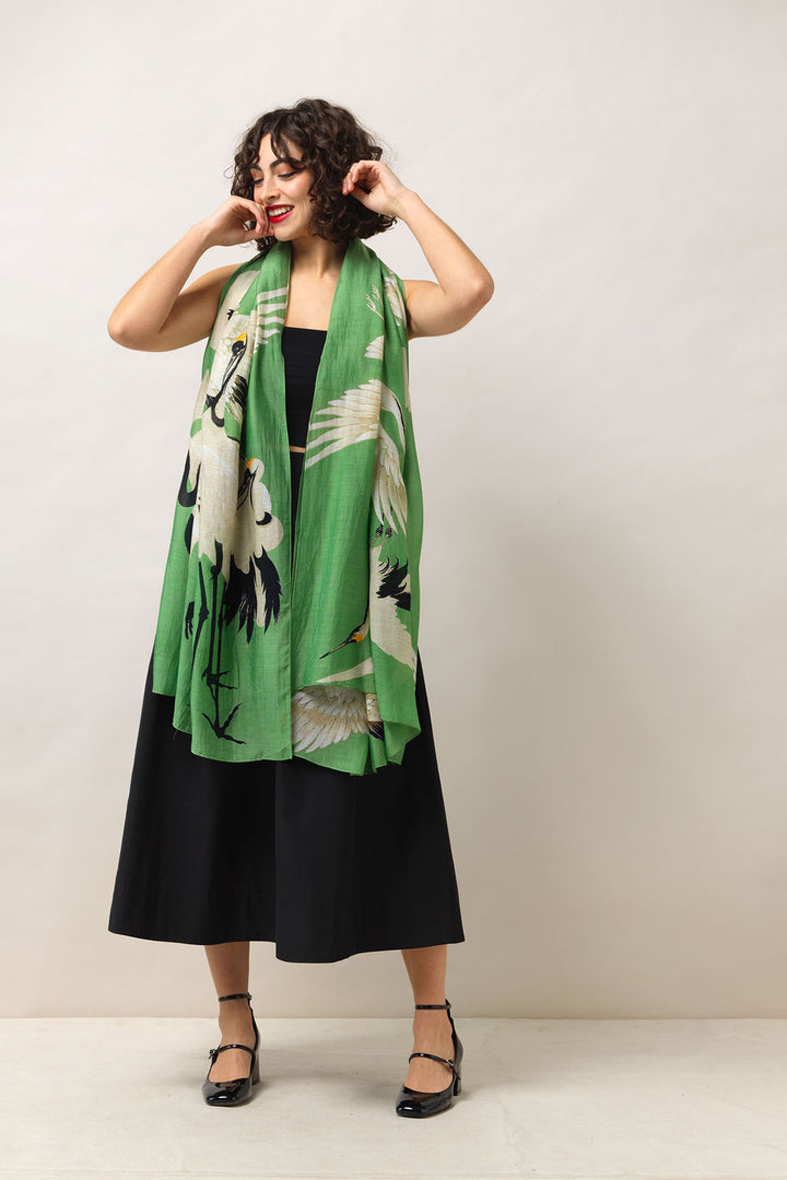 Women's accessories, gift guide. Large scarf in pea green and white stork print by One Hundred Stars