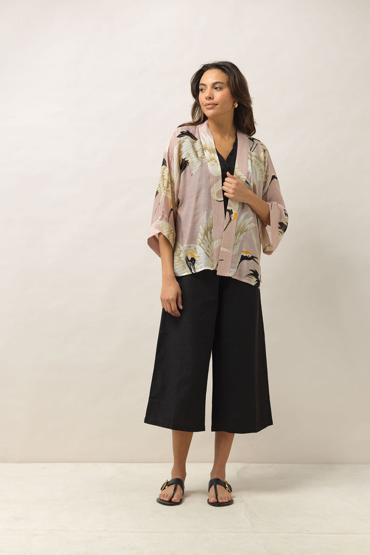 One Hundred Stars Stork Plaster Pink Kimono- Our bestselling kimono jackets have loose ¾ length sleeves, an open front and a lightly embroidered lapel. Pair with a matching camisole and your favourite jeans in summer or layer over a polo neck during the cooler months.