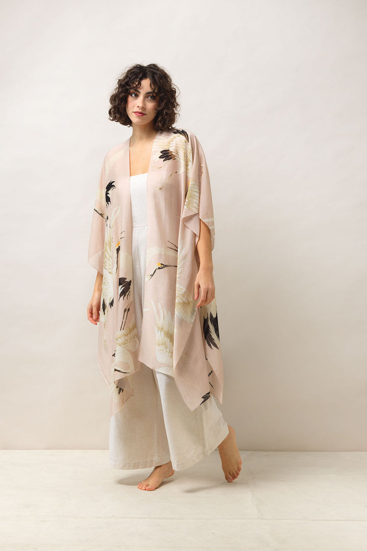 Women's lightweight throwover shawl in plaster pink and white stork print by One Hundred Stars