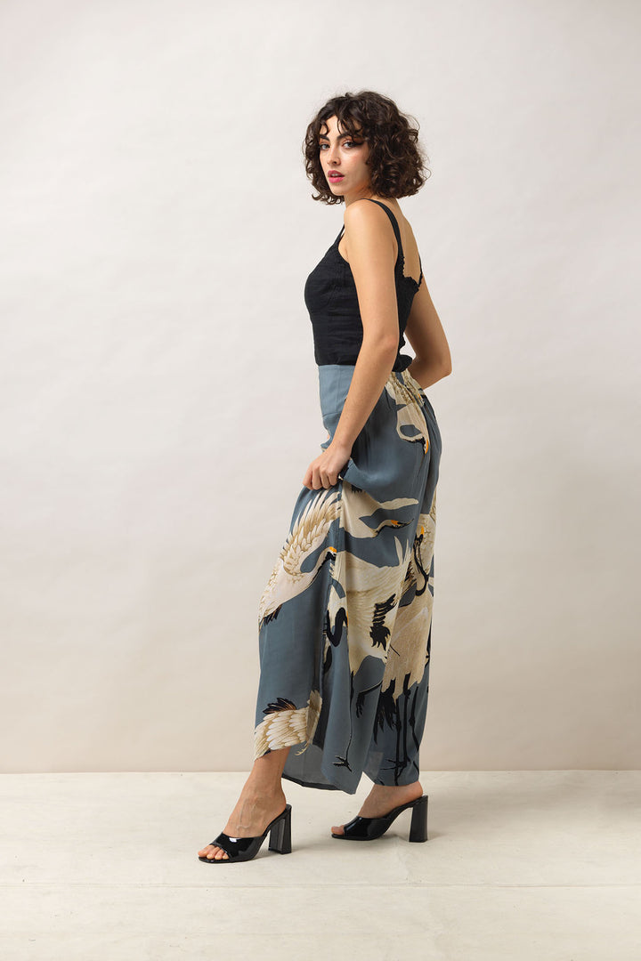 Women's palazzo trouser pants in slate grey and white stork print by One Hundred Stars