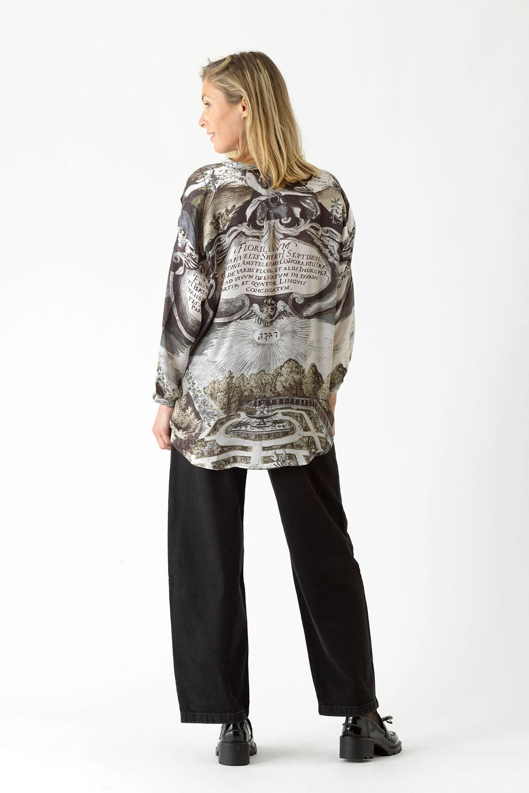 ladies long sleeve satin shirt coloured in tones of black, grey and subtle green print by One Hundred Stars