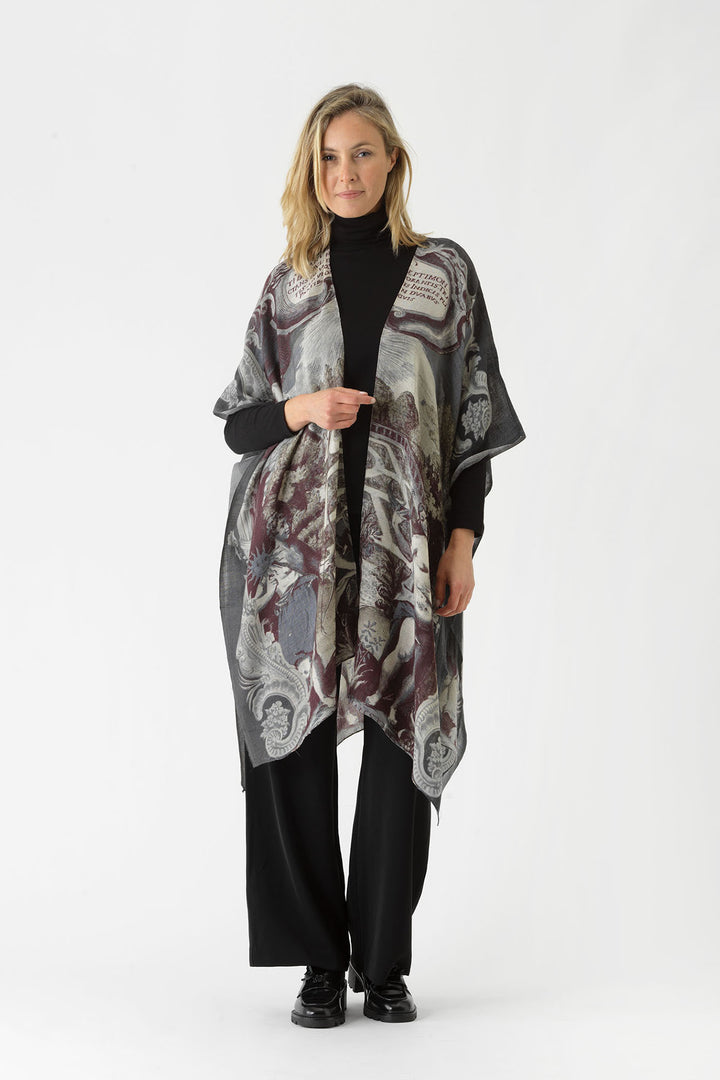 ladies wool throwover kaftan shawl winter coloured in tones of black, grey and subtle green print by One Hundred Stars