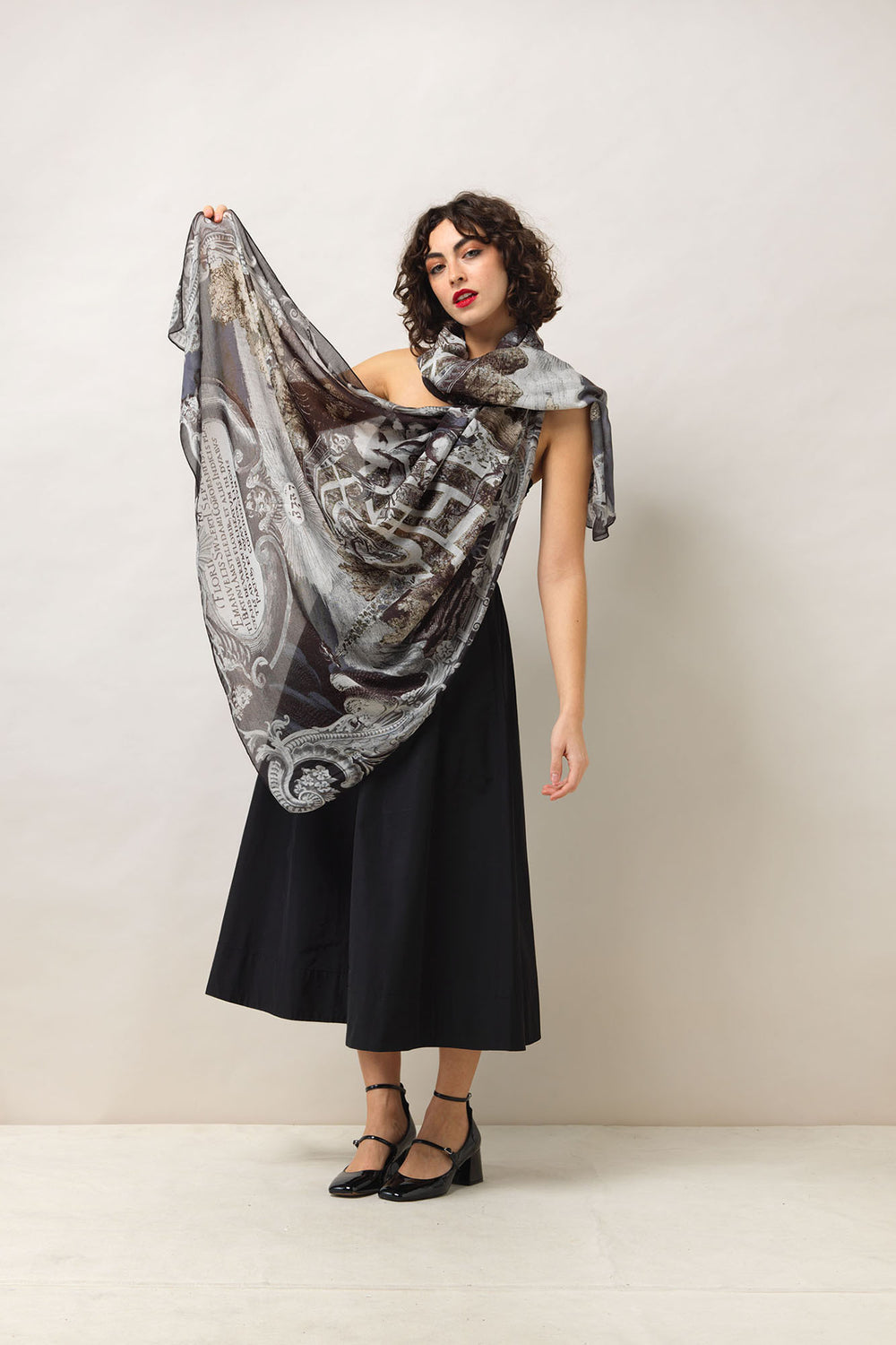 ladies large lightweight scarf coloured in tones of black, grey and subtle green print by One Hundred Stars