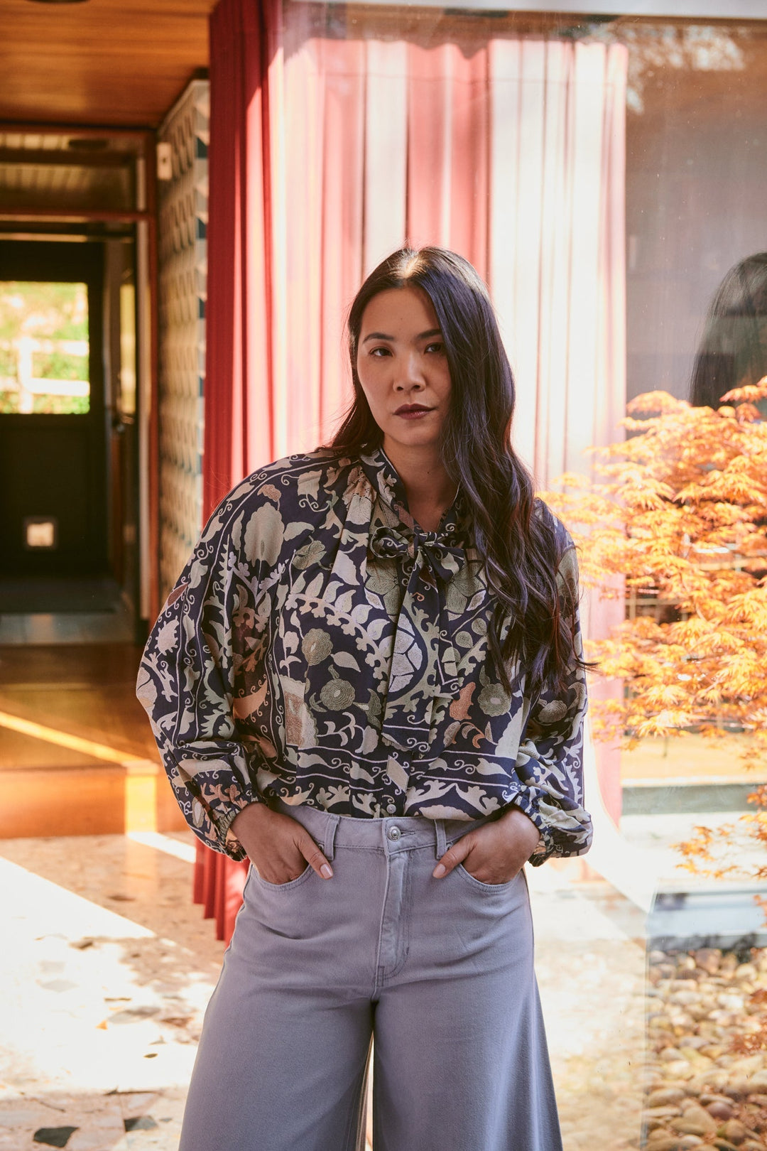 Susani Charcoal PussyBow Blouse - One Hundred Stars