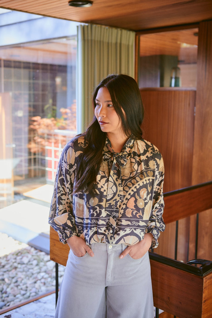 Susani Charcoal PussyBow Blouse - One Hundred Stars