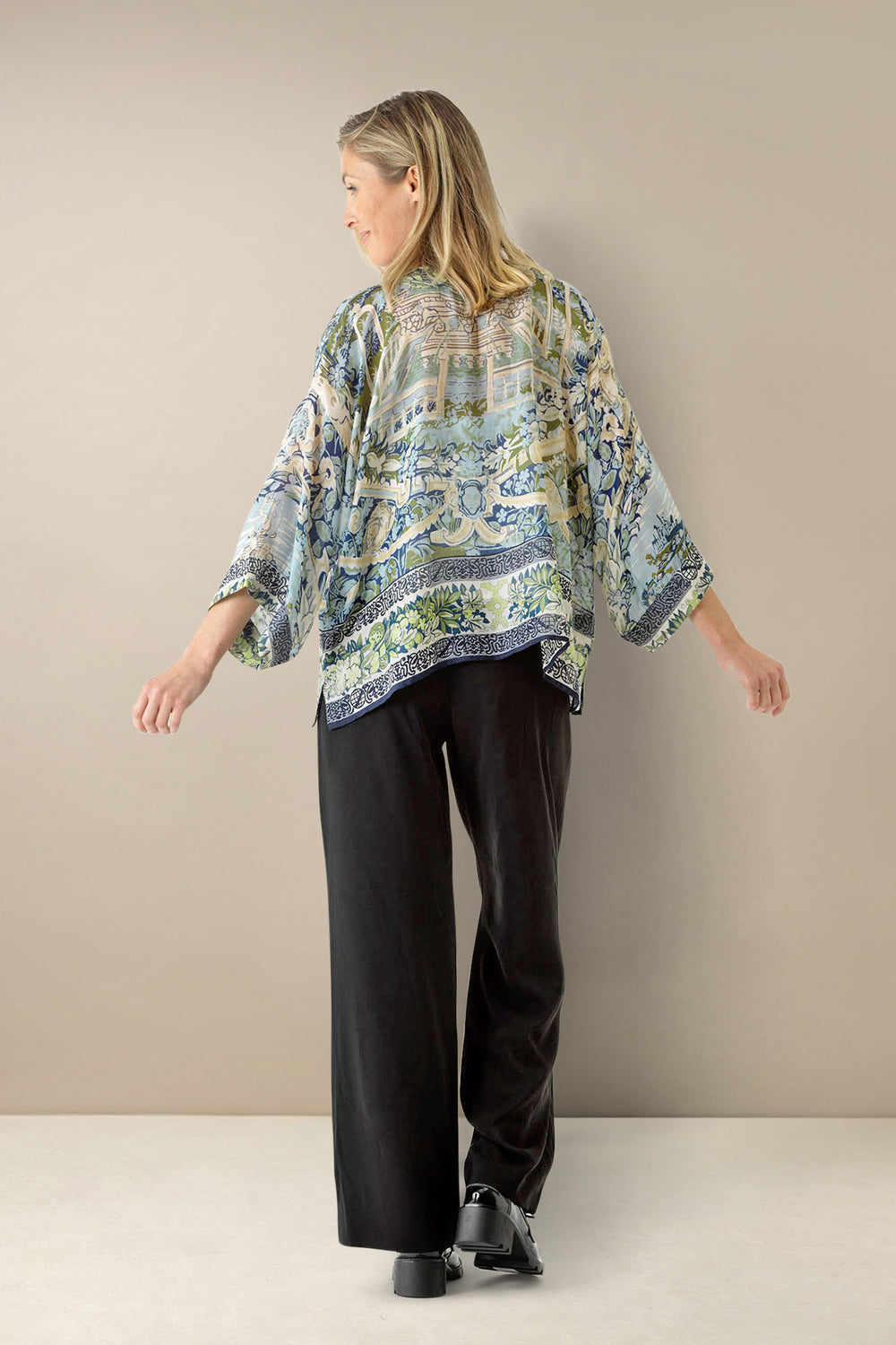 ladies short winter design kimono jacket beautiful garden scenes in sea greens and blues by One Hundred Stars