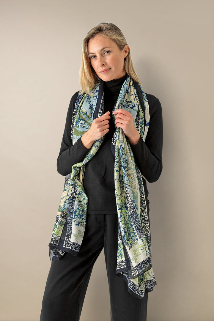ladies large winter scarf beautiful garden scenes in sea greens and blues by One Hundred Stars