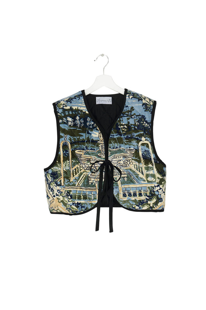 ladies velvet gilet beautiful garden scenes in sea greens and blues by One Hundred Stars