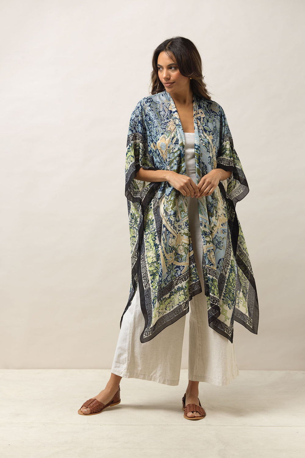 Women's lightweight throwover shawl in tapestry sea blue print by One Hundred Stars