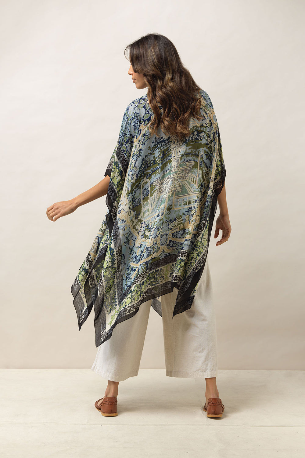 Women's lightweight throwover shawl in tapestry sea blue print by One Hundred Stars