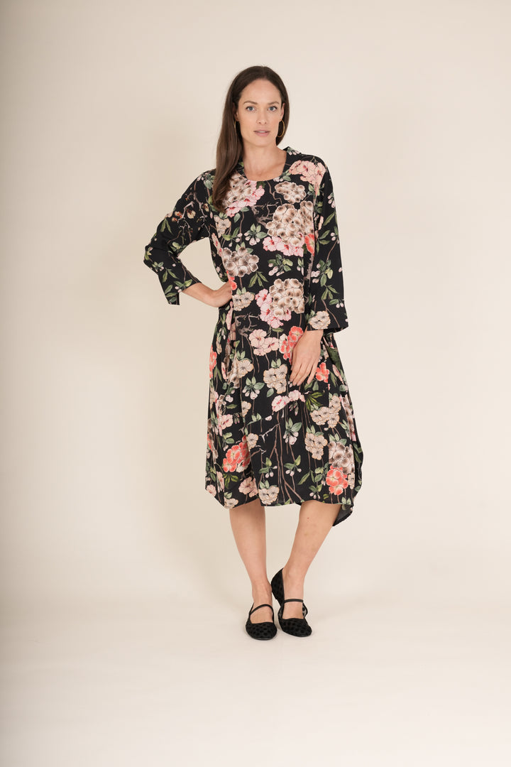 Trailing Blossom Black Asymmetric Dress