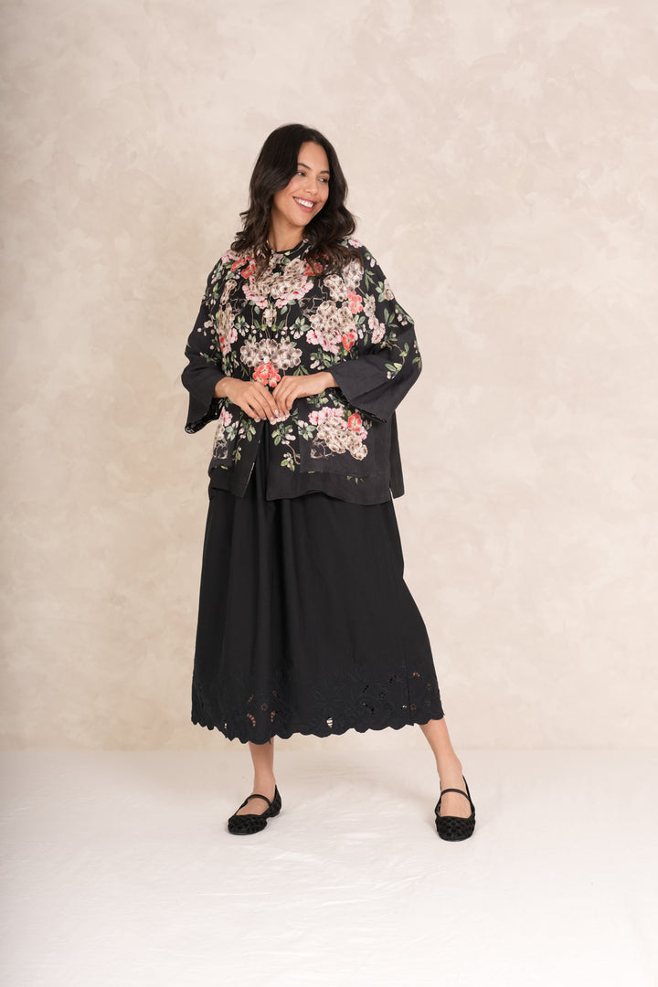 Trailing Blossom Black Linen Jacket