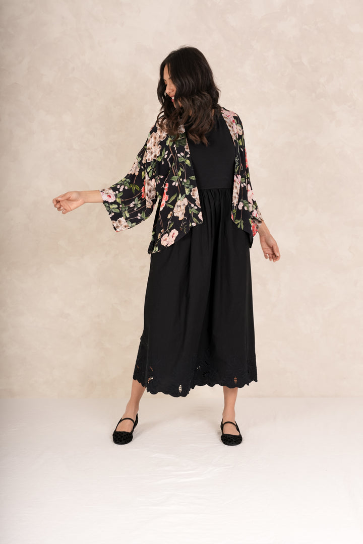 Trailing Blossom Black Crepe Kimono