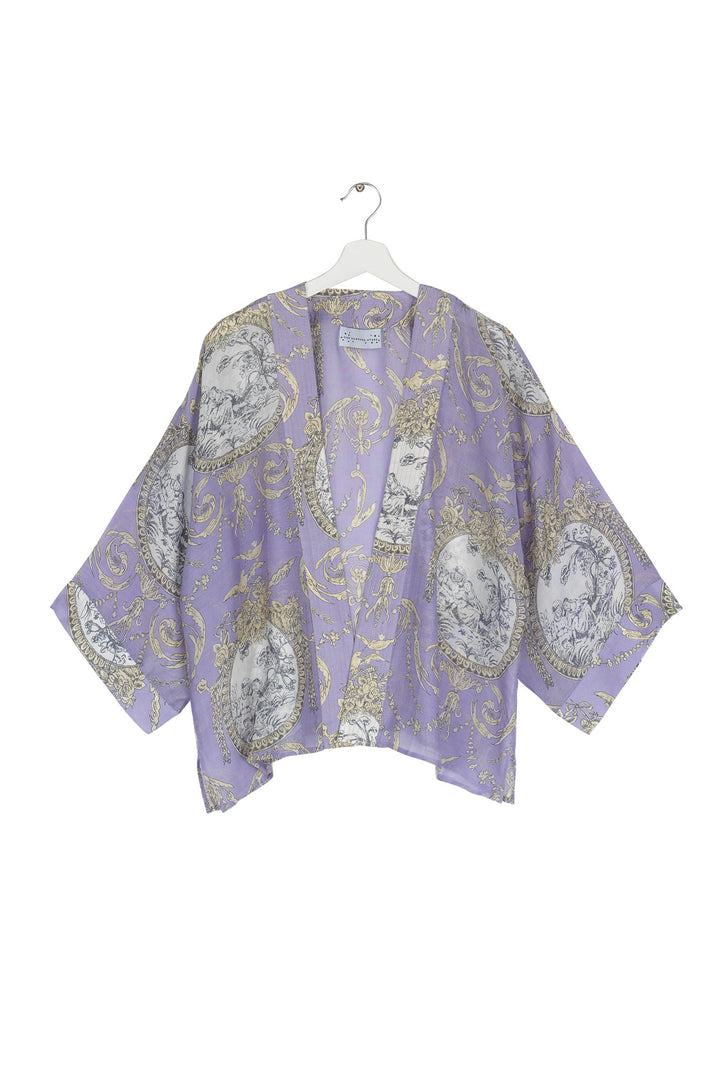 Women's short kimono  in lilac purple with valentine floral print by One Hundred Stars