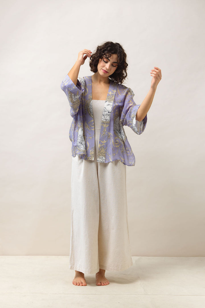 Women's short kimono in lilac purple with valentine floral print by One Hundred Stars