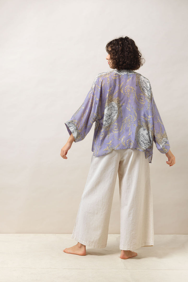 Women's short kimono in lilac purple with valentine floral print by One Hundred Stars