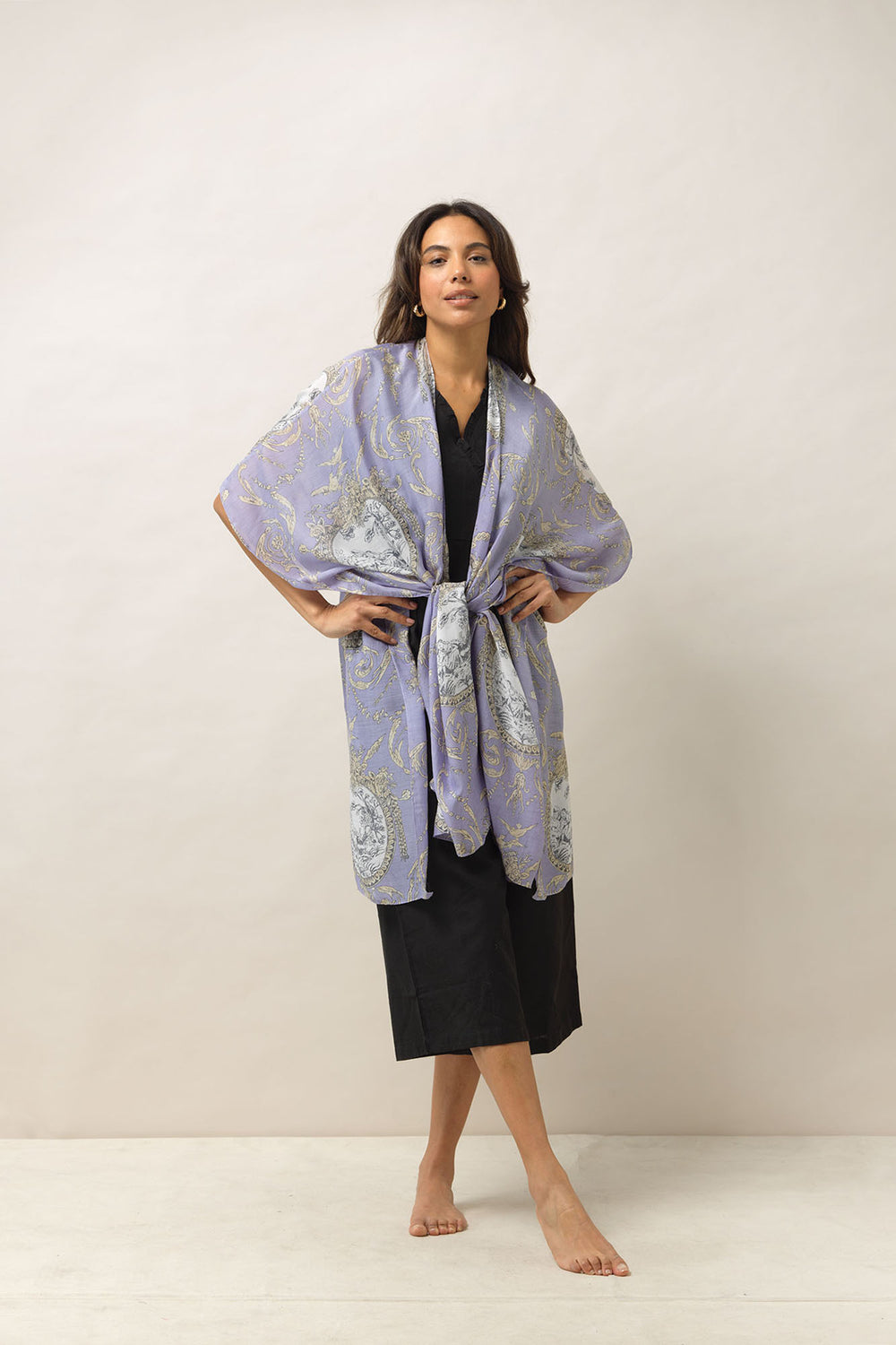 Women's lightweight throwover shawl in lilac purple with valentine floral print by One Hundred Stars