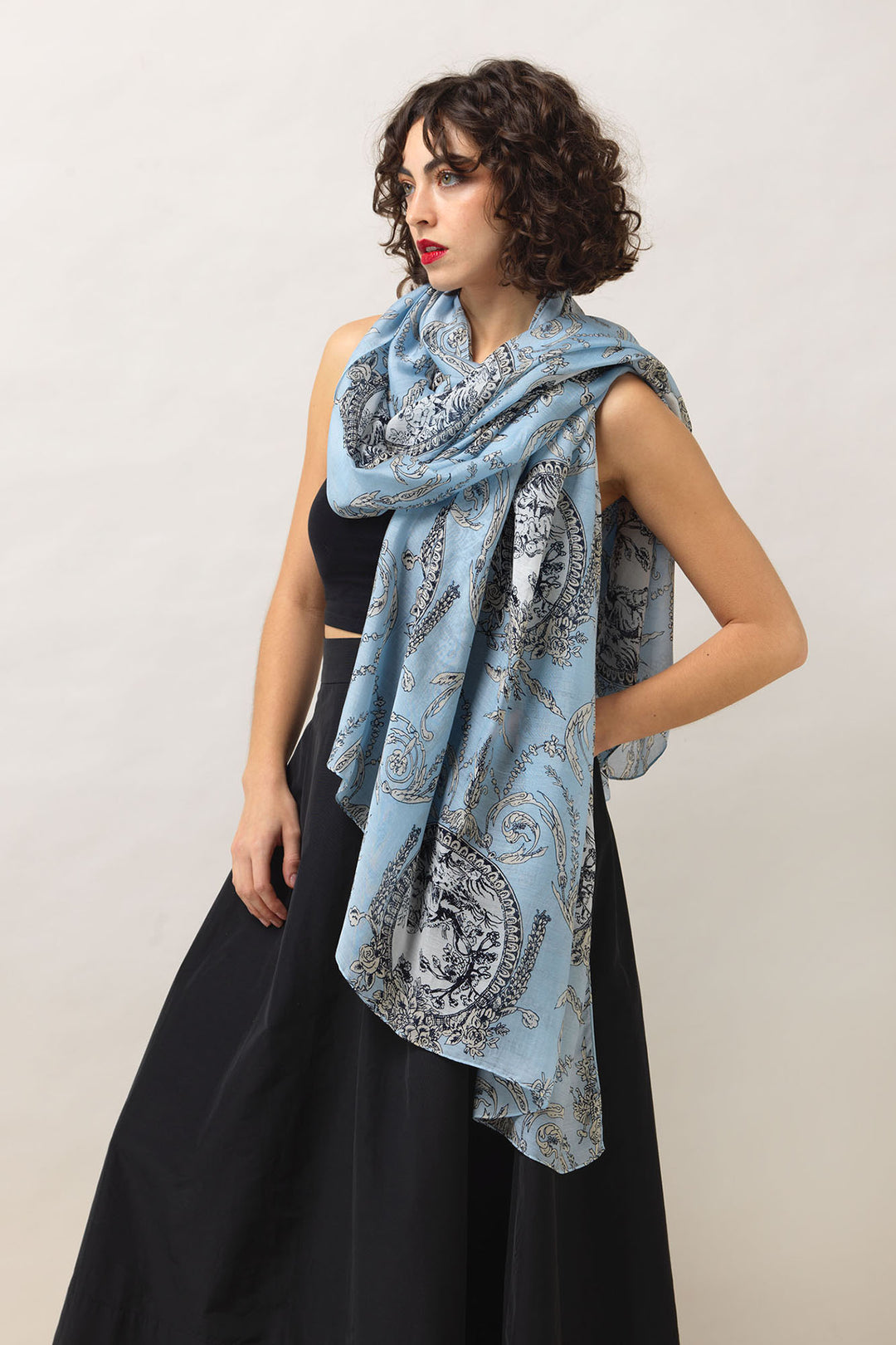 Women's accessories, gifts for her. Large scarf in sky blue with valentine floral print by One Hundred Stars