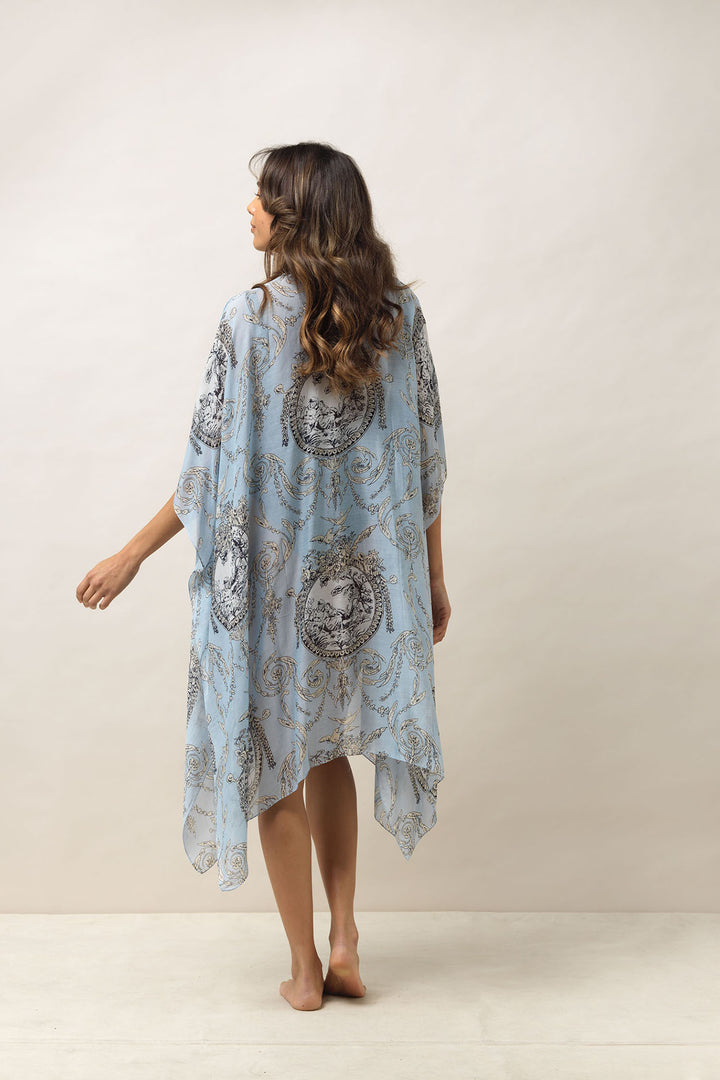 Women's throwover lightweight shawl in sky blue with valentine floral print by One Hundred Stars