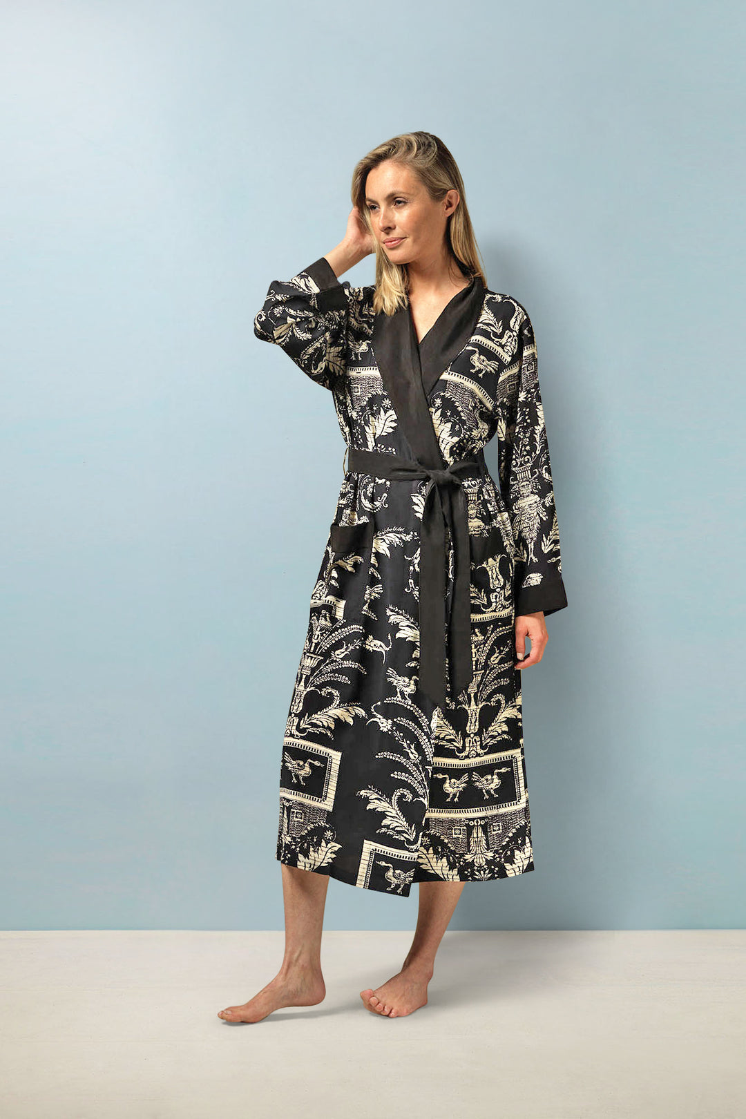 ladies crepe dressing gown in black and white vintage damask print by One Hundred Stars