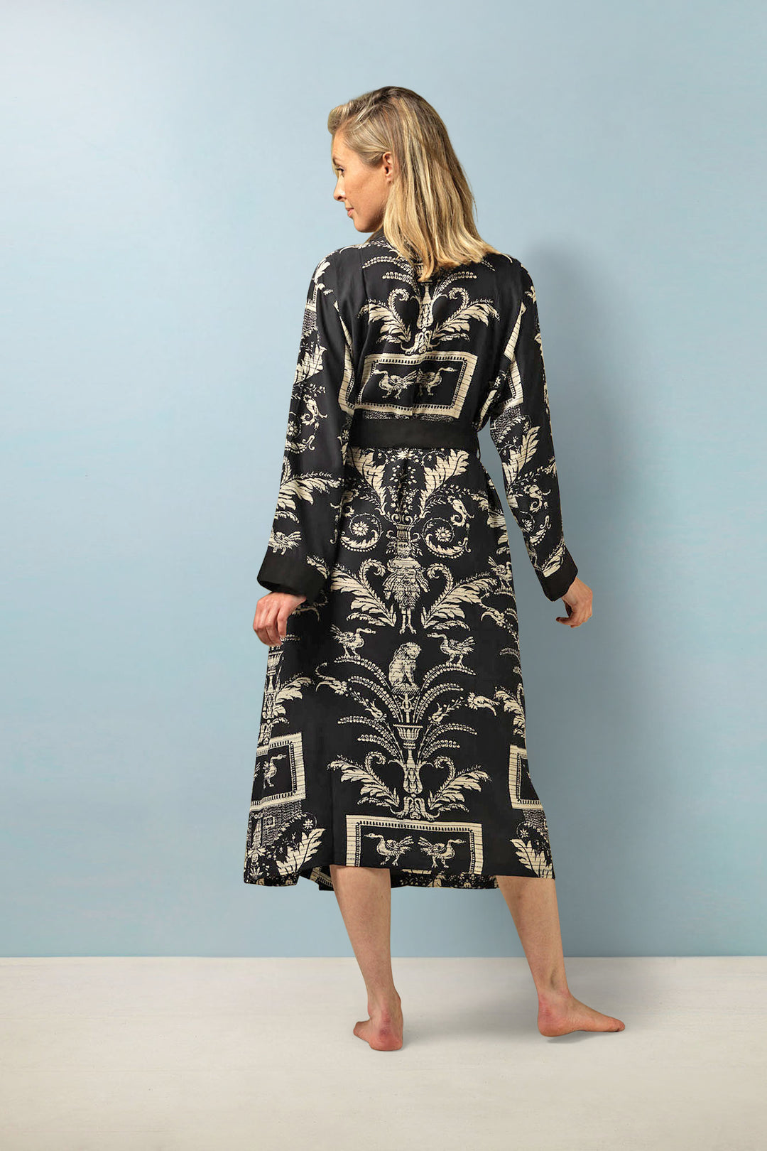 ladies crepe luxury dressing gown belted long sleeve in black and white vintage damask print by One Hundred Stars