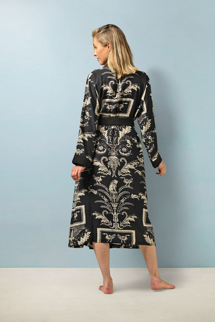 ladies crepe luxury dressing gown belted long sleeve in black and white vintage damask print by One Hundred Stars